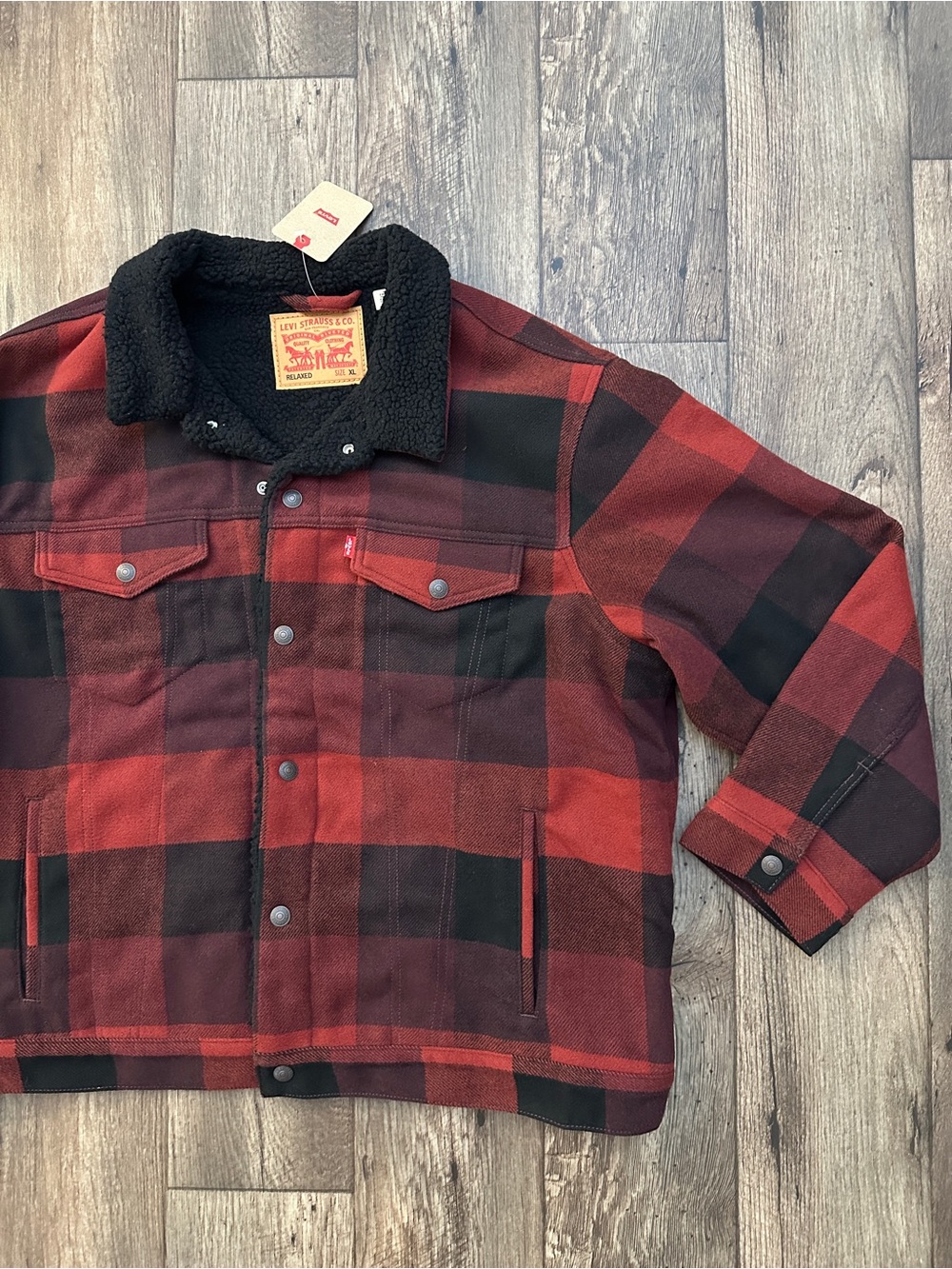 Levis Fleece Sherpa Lined Trucker Jacket Mens Size XL Red Black Plaid